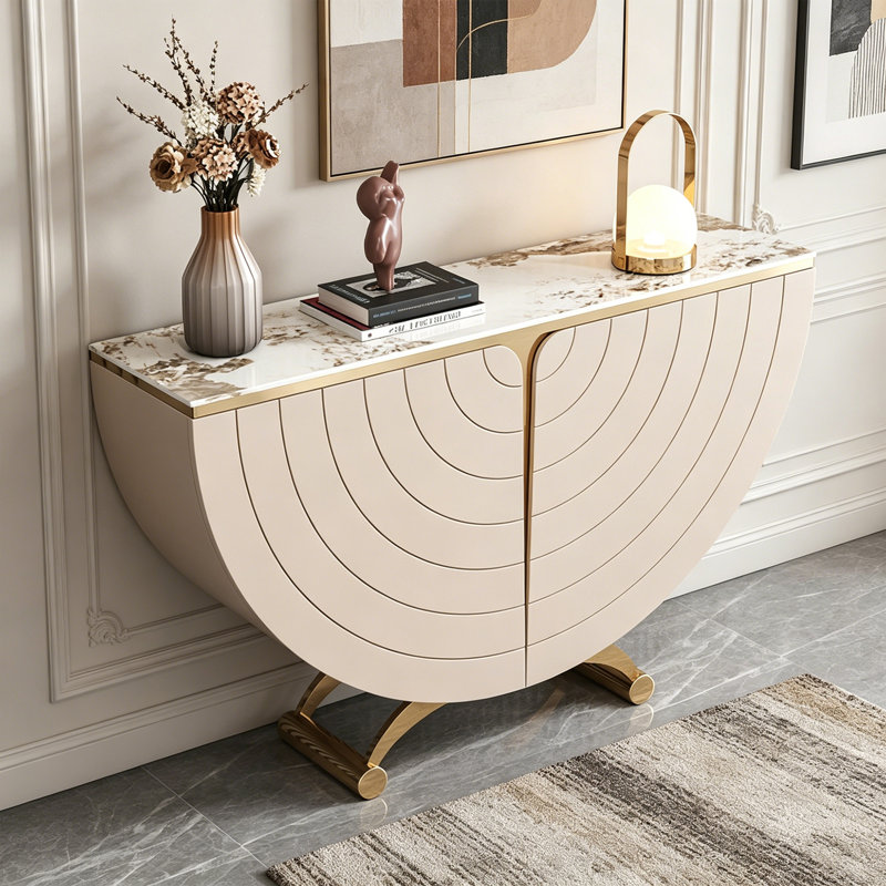 Console moderne en pierre frittée demi-ronde, Beige, 33.46" H x 62.99" W x 13.78" D