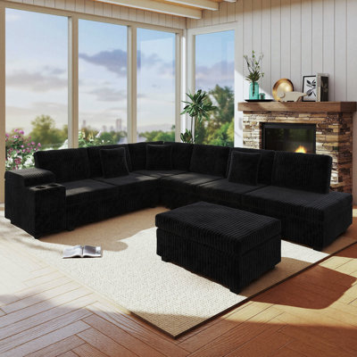 Canapé-lit modulaire avec rangement en L 110 po avec repose-pieds, accoudoirs de rangement, ports USB et porte-gobelets, noir