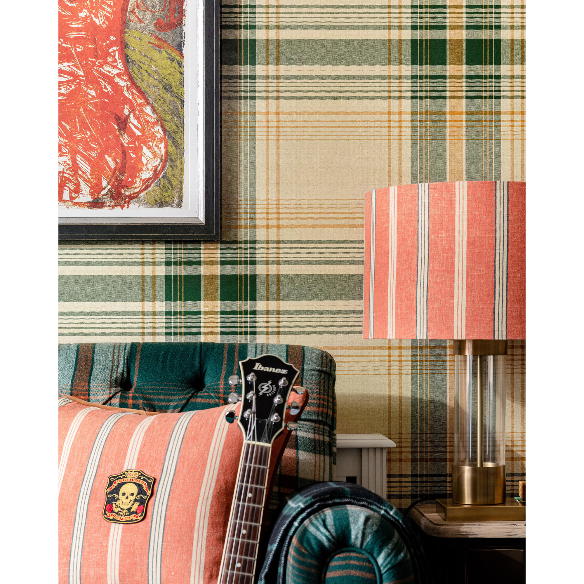 Woodstock Lifestyle Modern Plaid Wallpaper, Green/Taupe/Yellow
