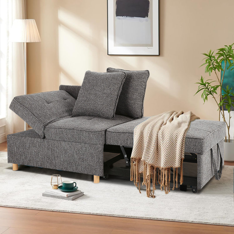Adda 71" 4-in-1 Convertible Linen Upholstered Sleeper Sofa, Linen Sofa Chair for Small Space, Futon Sofa Bed with 2 Throw Pillows for Living Room, Single Recliner with 5 Adjustable Backrest for Bedroom Apartment