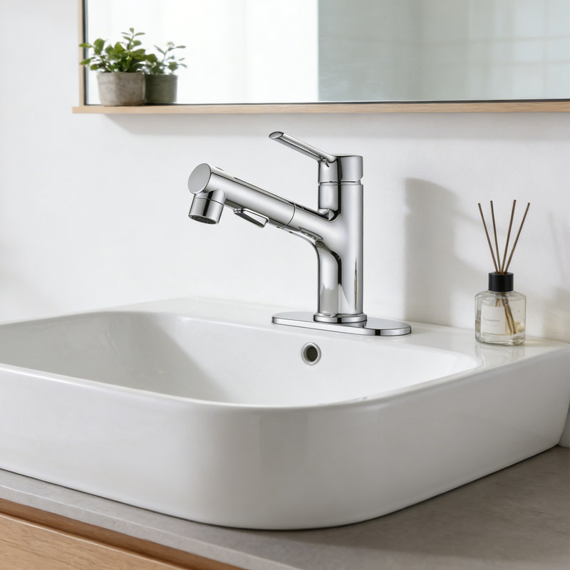 Single Handle Single Hole Bathroom Faucet With With Pull Out Sprayer, Drain Assembly, Chrome
