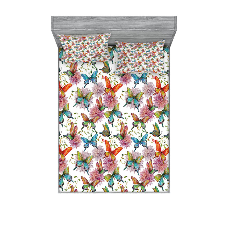 Ambesonne Butterfly Fitted Sheet & Pillow Sham , Purple Pale Blue White, King Fitted Sheet Set + 4 Pillow Cases