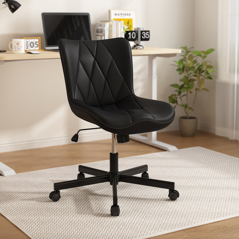Armless Computer Desk Chair,Ergonomic Mid Back Leather Task Office Chair with Wheels And Lumbar Support for Home Small Space Vanity Makeup