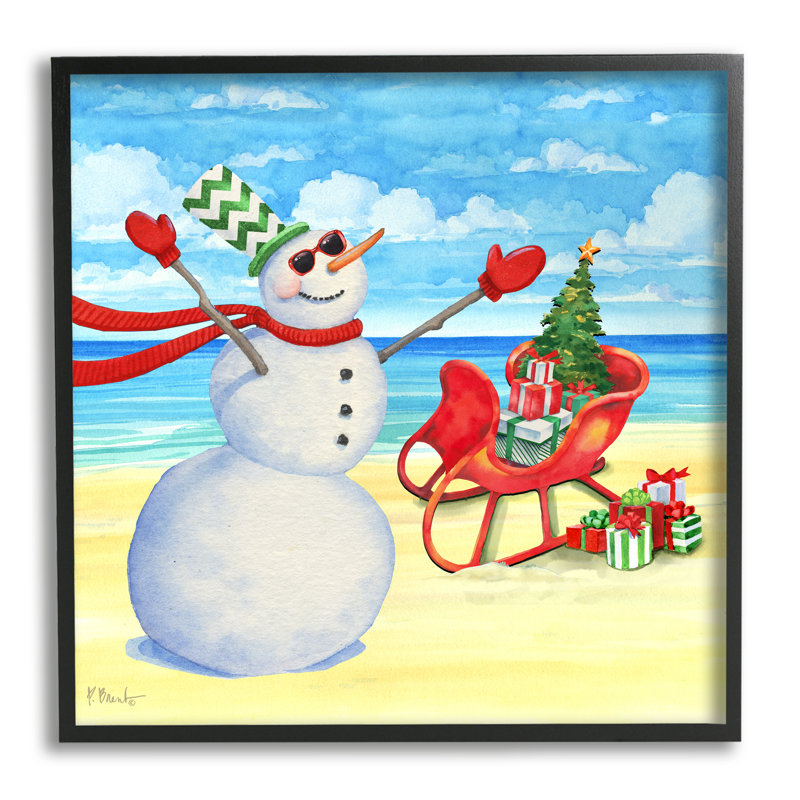 «Snowman On Beach Scene On Wood» par Paul Brent, reproduction, H 12 po x l 12 po, Giclée encadrée noir minuit