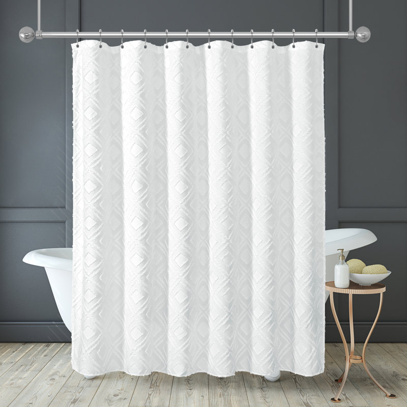 Rideau de douche tissé blanc 71 x 71 avec pampilles et décorations Holbert, Losange