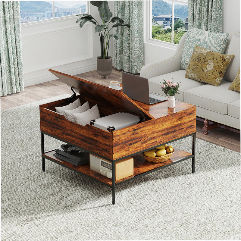 Table basse Farmhouse avec pieds en métal, table carrée avec compartiment de rangement caché pour le salon, Walnut