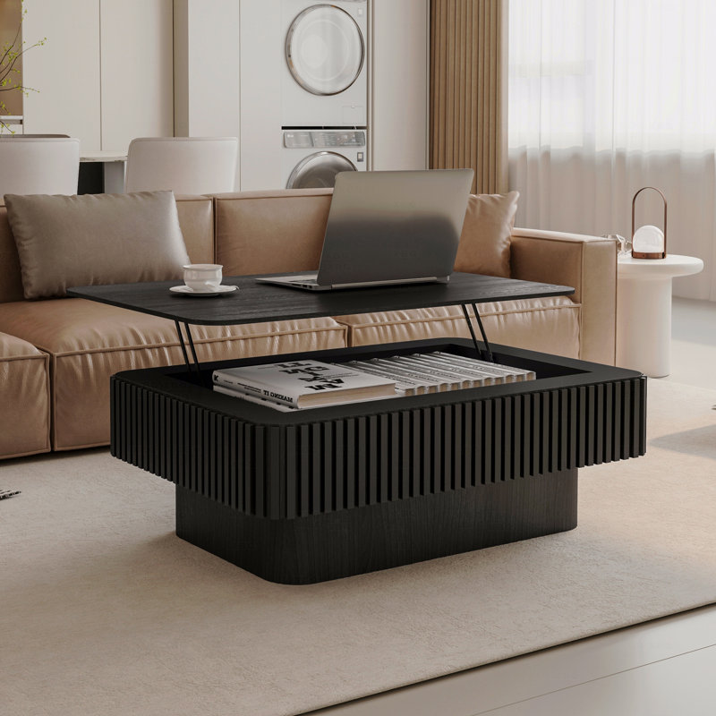 Table basse à plateau relevable cannelé avec rangement caché - Noir, Noir