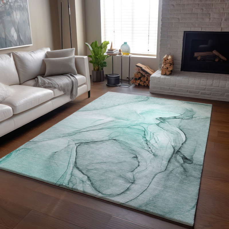 Premium Machine Washable Cerrito AMF502 Teal 10' x 14' Rug, Rectangle 10' x 14'