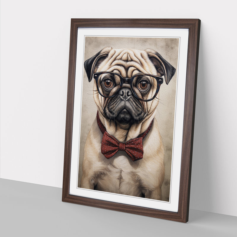 Pug With Glasses - Single Picture Frame Print on Wood, Walnut, 46cm H x 34cm W x 2cm D
