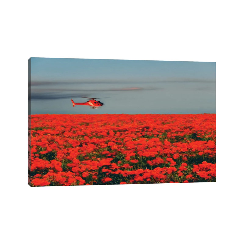 A Red Helicopter Flies Over A Poppy Field In Bloom by Ievgeniia Bidiuk - Gallery-Wrapped Canvas Giclée on Canvas