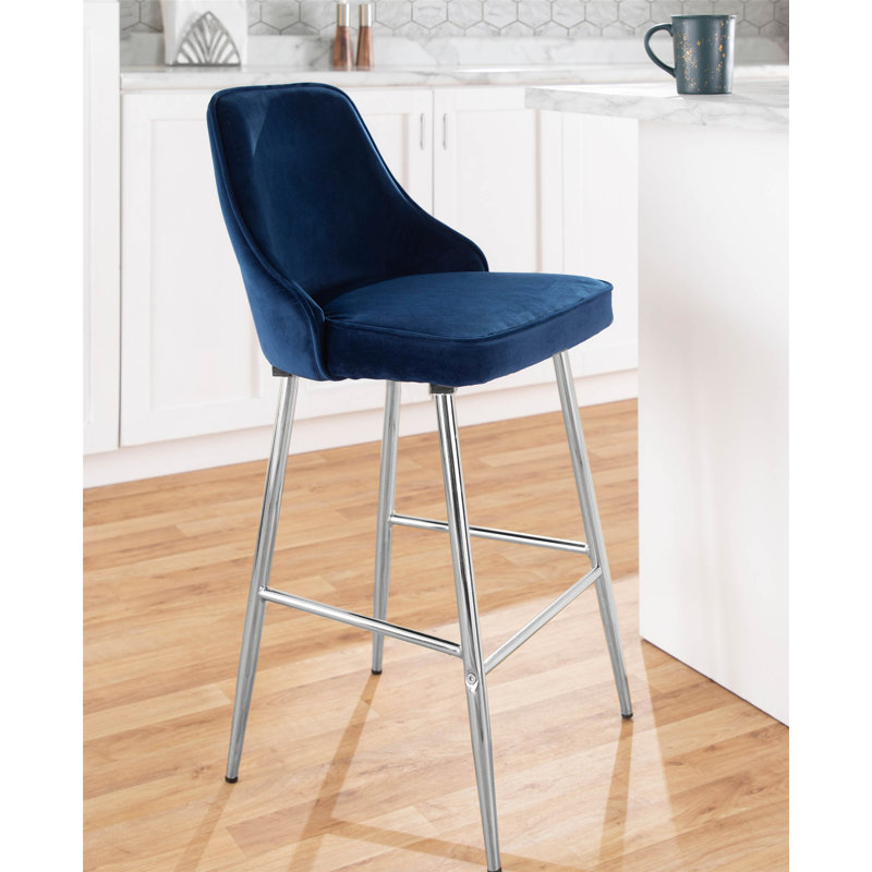 Navy Blue Velvet and Chrome Modern Counter Stools, Set of 2