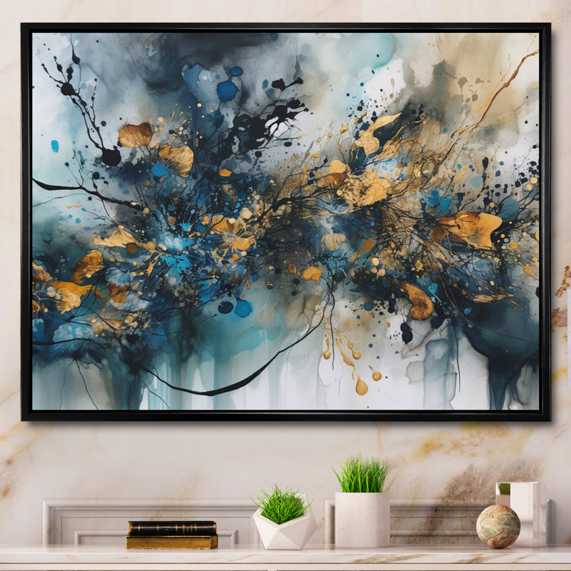 Encre liquide bleue et dorée captivante - art abstrait marbre, Cadre flottant noir, H 34 po x l 44 po x P 1,5 po