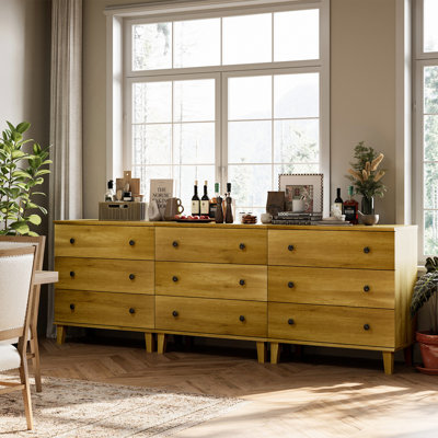 Commode avec 9 tiroirs, commode moderne avec pieds en bois massif et commode avec armoire de rangement pour salon, chambre de bébé, chambre de bébé, chêne