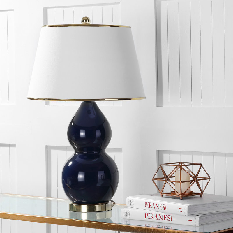 Navy Ceramic Double Gourd Table Lamp Set with Off-White Shades