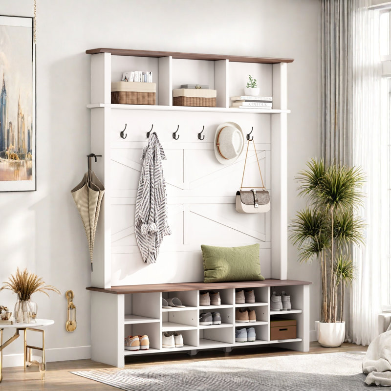 Farmhouse 4-in-1 Hall Tree With 6 Hooks, Entryway Bench With Adjustable Shelves, 16 Open Compartments And A Side Umbrella Rack