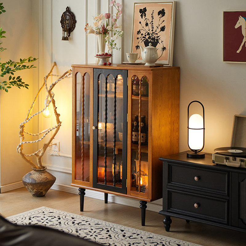 31.50" French Retro Two-Tone Brown & Black Solid Ash Wood Glass Wine Cabinet, Freestanding Wall Storage Sideboard, Tea & TV Display Cabinet for Living Room
