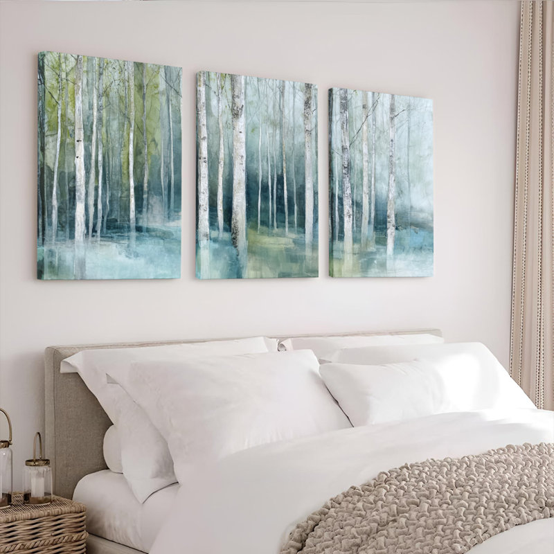 «Birch Tree Forest Landscape», ensemble de 3 reproductions d'art sur toile tendues, H 36 po x l 72 po