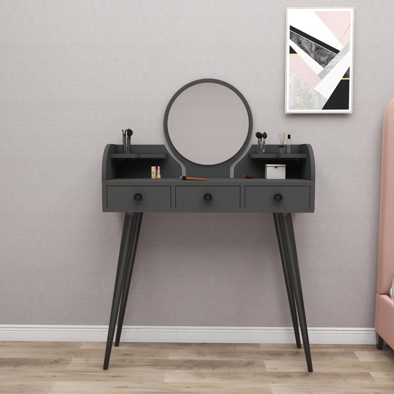 Elegant Make-Up Table with Mirror, Anthracite Color, 52.7 x 36.9 x 14.6 inches | 100% Melamine Coated Particle Board, Beechwood Legs | Modern Design for Stylish Dressing Area & Beauty Routine