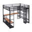 Lit mezzanine en métal avec rangement en fer et tablettes en MDF et garde-robe ouverte