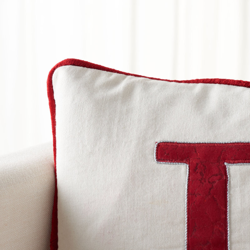 Cream and Red Embroidered Cotton Rectangular Throw Pillow