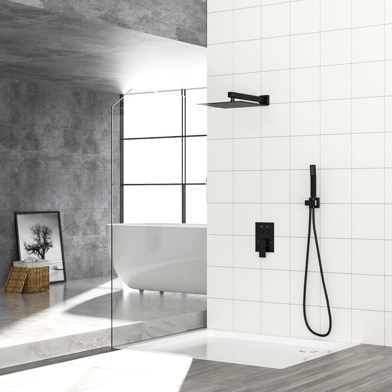 12 Inch Square Dual Shower Head Wall Mounted Matte Black System, - Scald Balanced, 360 Adjustable Rainfall Shower, Handheld For Flexible Use With Balanced Valve, Rotation, Easy To Clean And