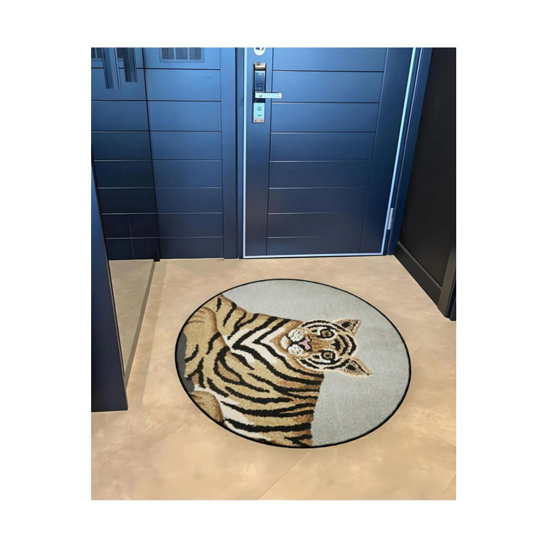 Woven Base Modern Decorative Carpet With Tiger Detail, Round 4'