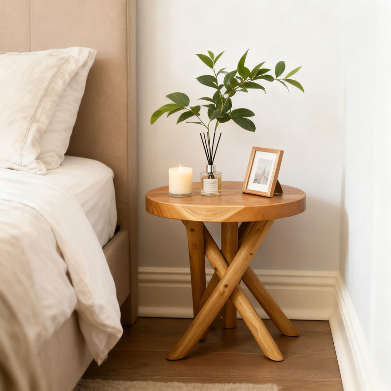 Tabouret d'appoint en bois de teck sculpté à la main avec pieds en branches naturelles, support à plante rond et table d'appoint pour le salon, la chambre à coucher ou le jardin
