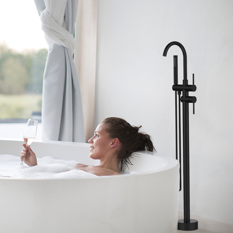 Robinet de baignoire à fixation au sol - Noir mat avec douche à main et robinet en céramique