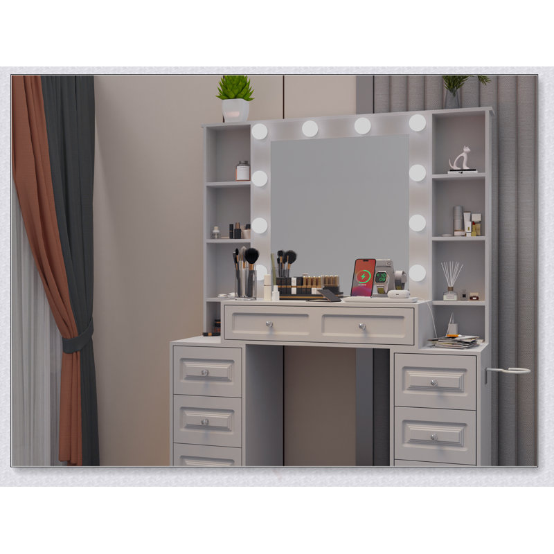 Modern Vanity Desk With Lighted Mirror And Charging Station, Spacious Storage For Makeup And Accessories