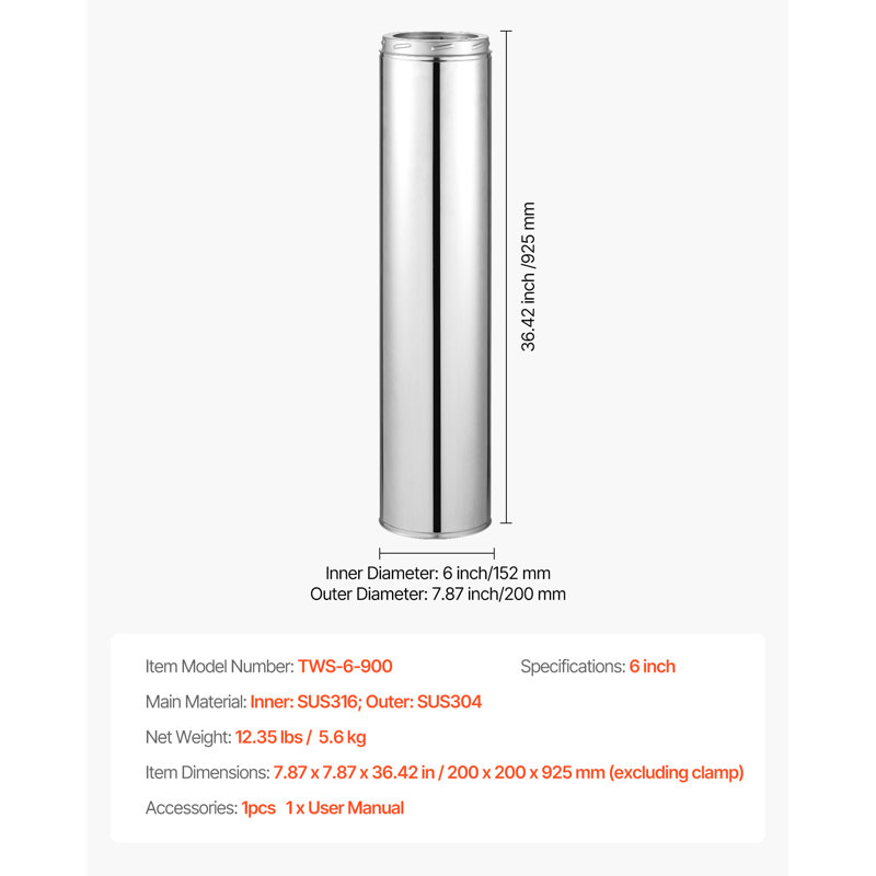Tuyau de cheminée en acier inoxydable à double paroi 6 x 36 pouces