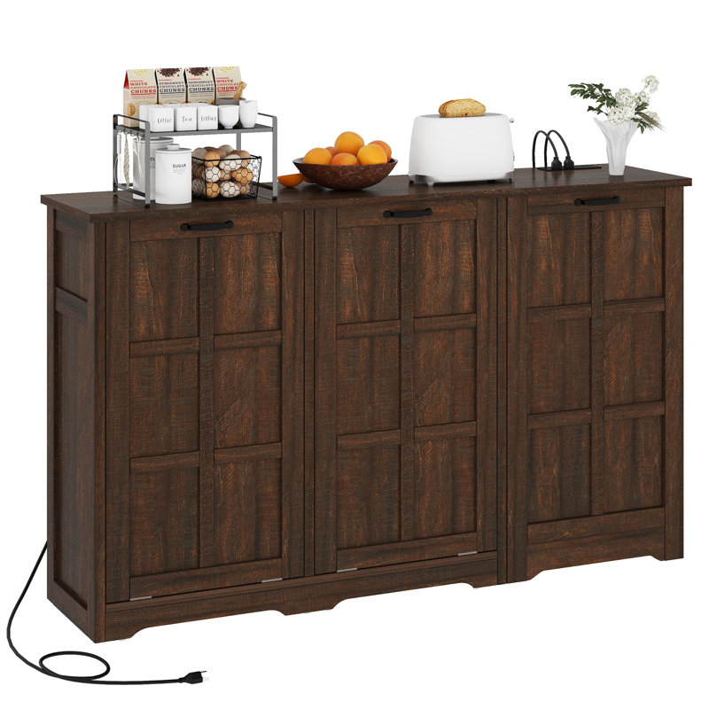 Armoire à poubelle double basculante Balconera avec prises de courant et tablettes réglables, Brun
