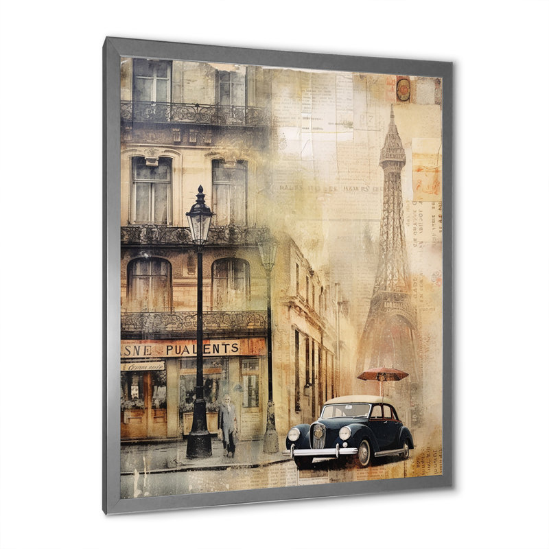 Paris Chronicles, collage rétro sur toile, H 44 po x l 34 po x P 1,5 po, Cadre simple argenté