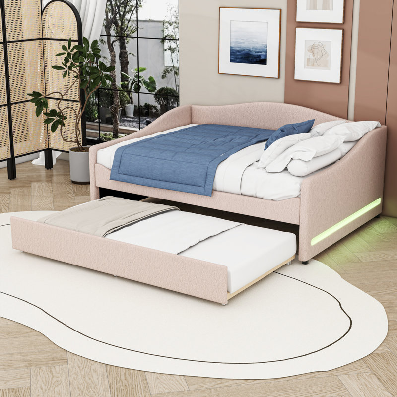 Teddy Upholstered Daybed with Twin Trundle and Smart LED Features, Beige, Full / Double