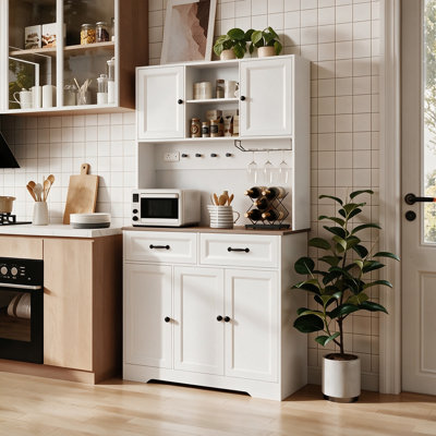 71" H Kitchen Pantry Cabinet with Coffee Bar, Built-In Power Outlet, LED Light Strip, Wine Rack, 5 Doors, and Adjustable Shelves