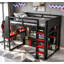 Lit mezzanine simple en bois avec bureau, étagères à rangement multiples, DEL et support à vêtements suspendu pour économiser de l'espace et être multifonctionnel