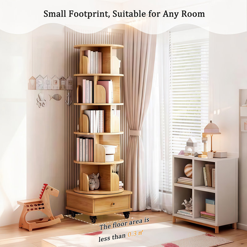 6 Tier Rotating Bookshelf, 360° Display Round Spinning Bookshelf With Wheels, Brown