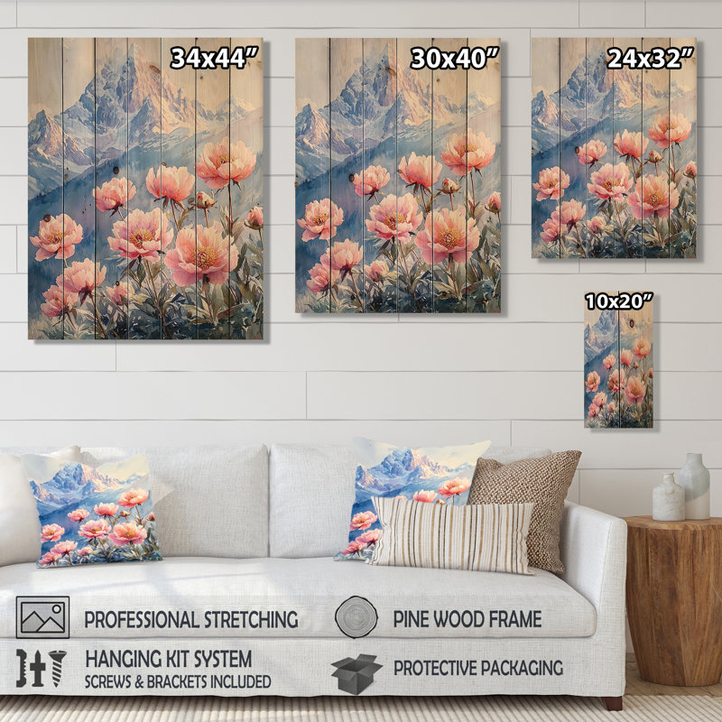 Pivoines et sommet de montagne II - Art mural en bois pivoines - sur bois de pin naturel, H 20 po x l 10 po x P 0,78 po