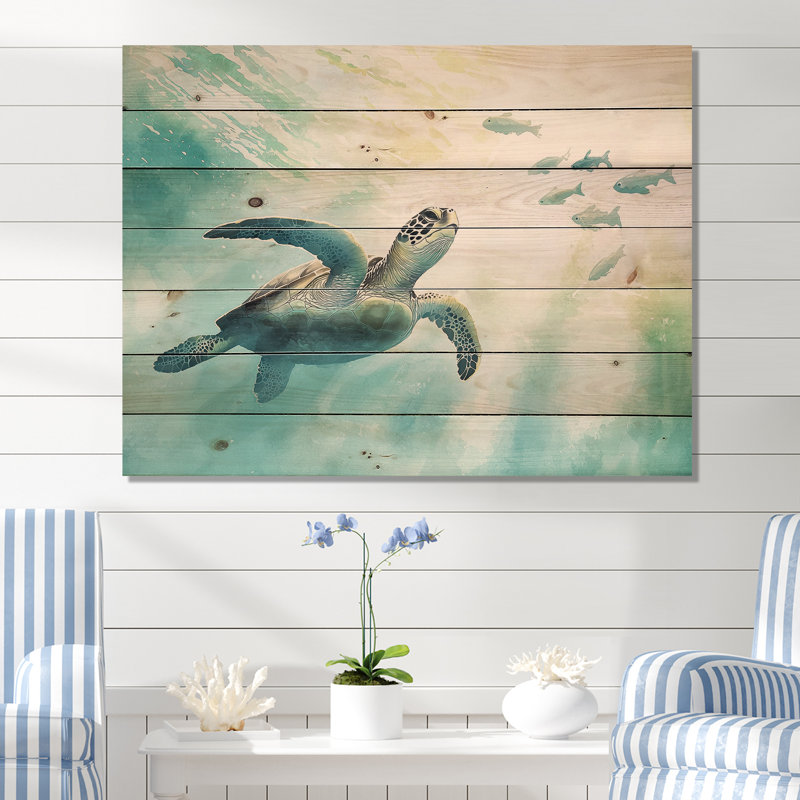 Tortue nageant dans la Méditerranée II - Décoration murale moderne en bois sur bois de pin naturel, H 30 po x l 40 po