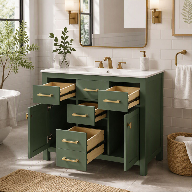 Ensemble de meuble-lavabo simple 36 po avec lavabo en céramique, 4 tiroirs et 2 armoires, structure en bois massif - vert
