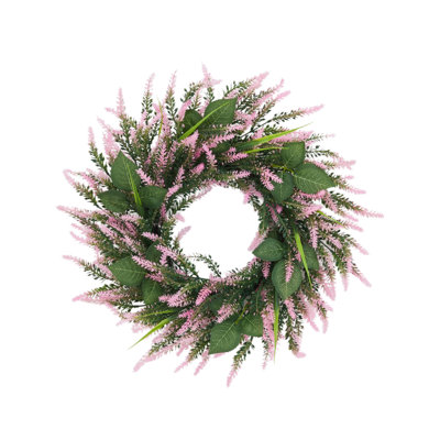 Couronne de lavande rose artificielle de 20 pouces pour la porte d'entrée - Guirlande florale luxueuse en PVC - Décoration de printemps et d'été - Porche ou fenêtre - Vert