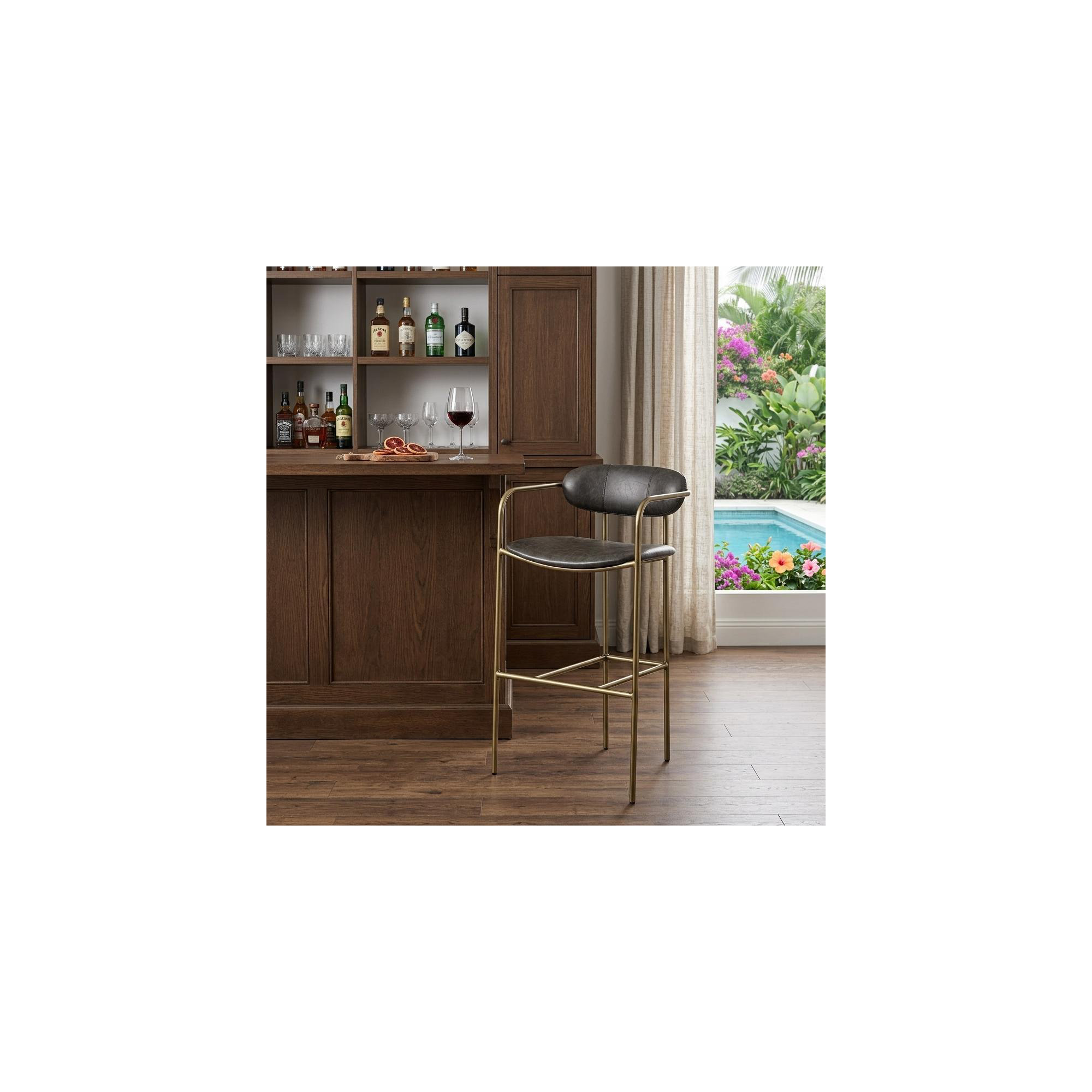 Belarus Fabric Seat Stool, Dark Brown, Gold, Bar Stool (30" Seat Height)