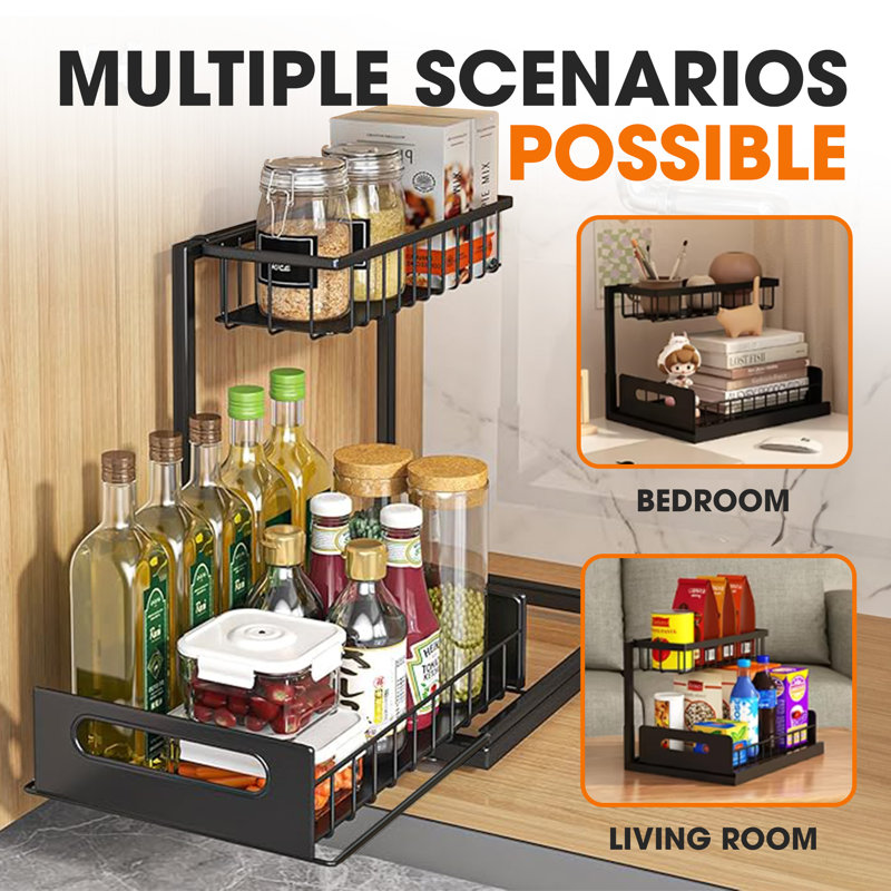 Heavy-Duty Black Metal 2-Tier Under Sink Storage Organizer