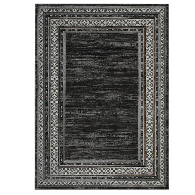 Tapis de salle à manger rectangulaire en polyester à motif géométrique noir 8 pi x 10 pi lavable à la machine