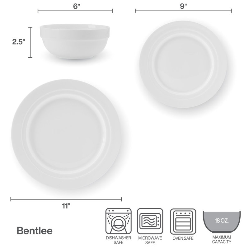 Bentlee 12-Piece Lightweight Chip-Resistant Bone China Dinnerware Set, Service for 4