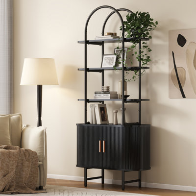 Lyra Arched Bookshelf, 71" Tall Black Bookcase with Doors for Living Room or Office, Home Office Bookshelf