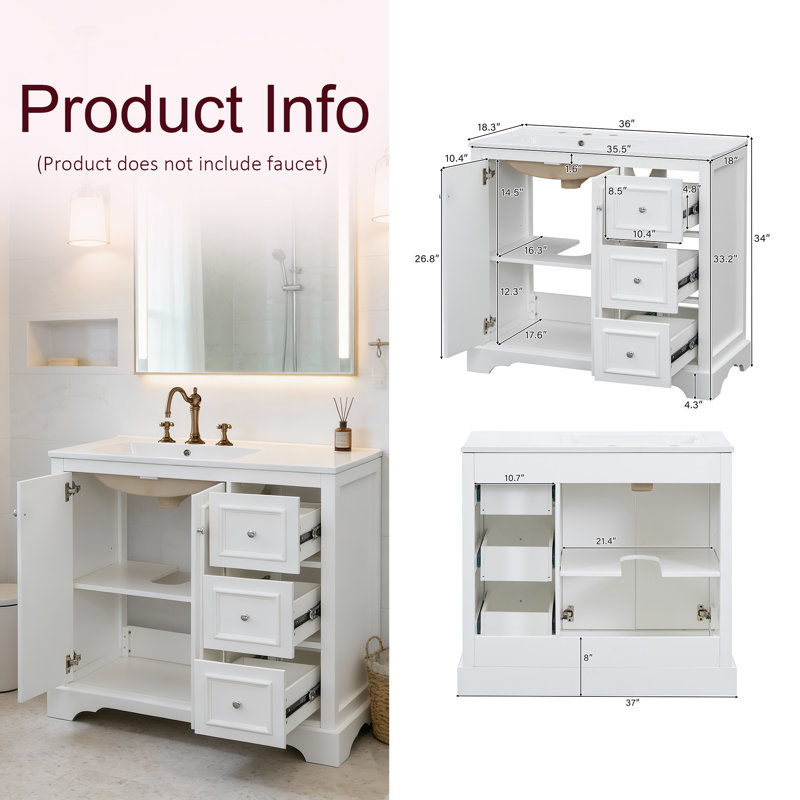 Meuble-lavabo transitionnel 36 po avec lavabo en céramique 36 po, Blanc