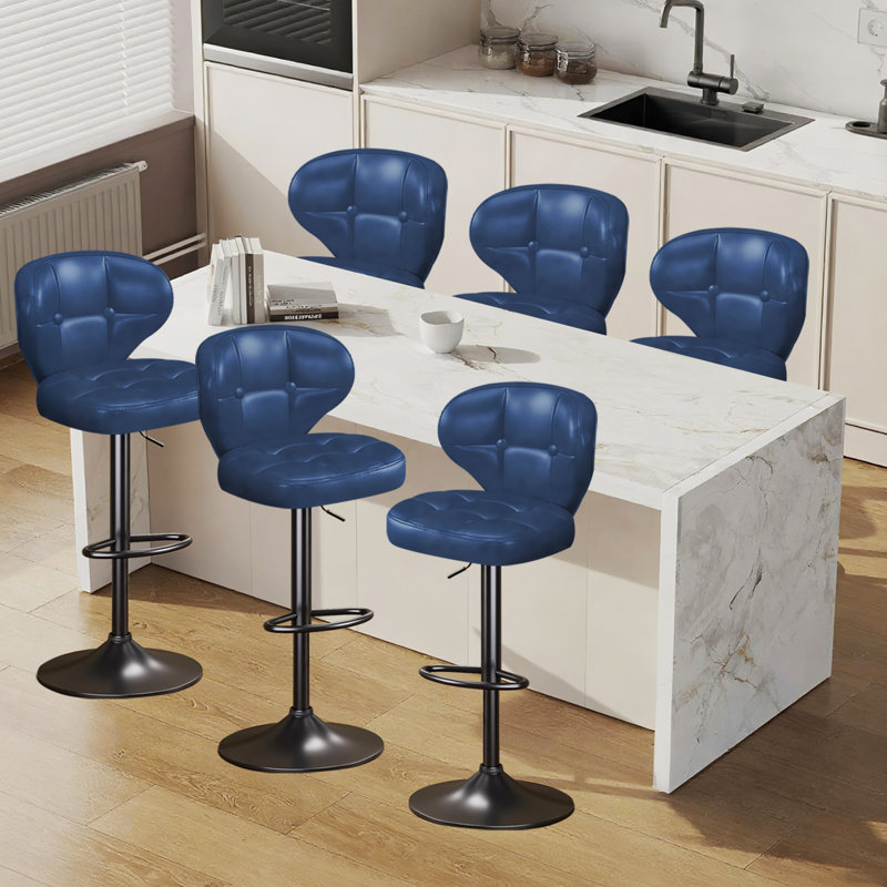 Ensemble de 6 tabourets de bar pivotants réglables avec dossier et repose-pieds, chaises de bar rembourrées à hauteur de comptoir pour îlot de cuisine, bleu