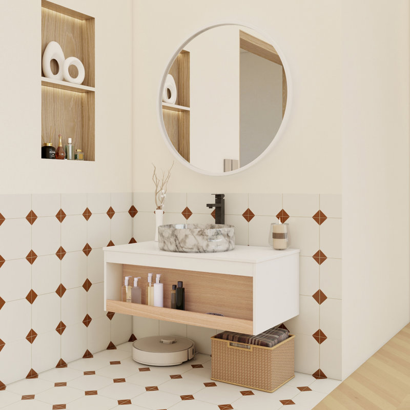 Meuble-lavabo flottant de 36 po avec lavabo vasque en marbre veiné gris, meuble-lavabo mural avec tablette ouverte, finition blanche avec décor en bois, conception moderne peu encombrante (livré dans 2 boîtes)