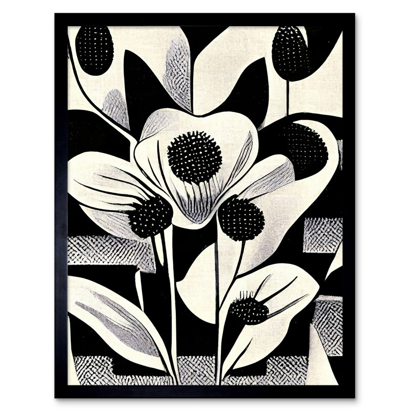 Black White Abstract Retro Flower - Single Picture Frame Print