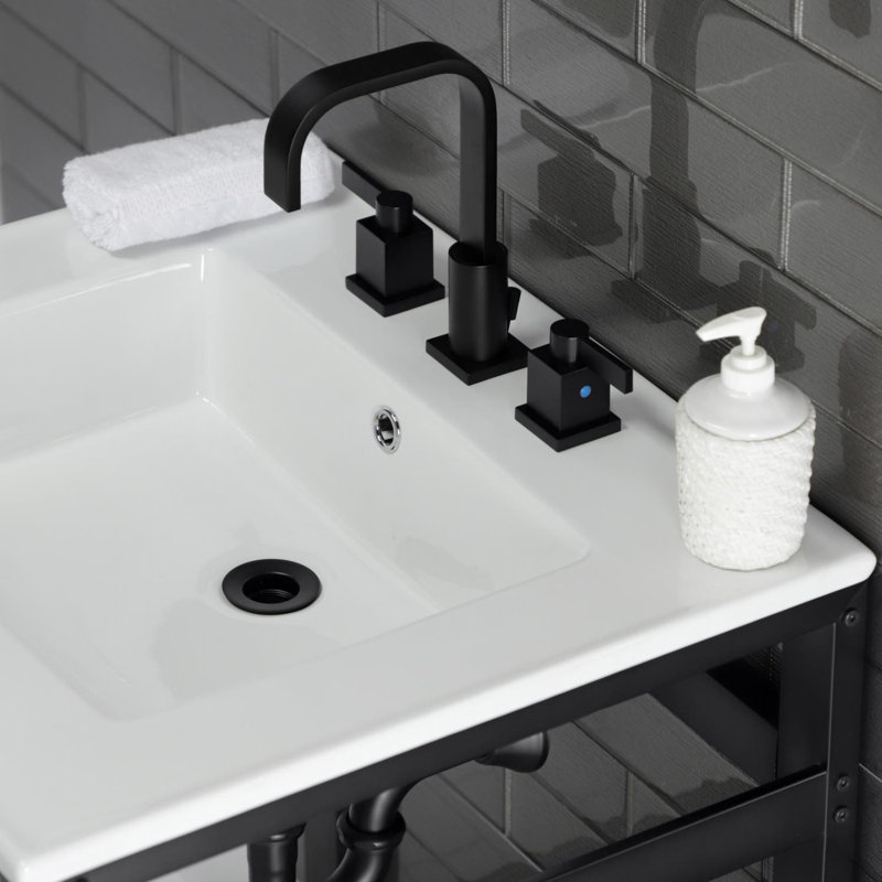 Quadras Ceramic Rectangular Console Bathroom Sink with Overflow, White/Matte Black, 8" Centers